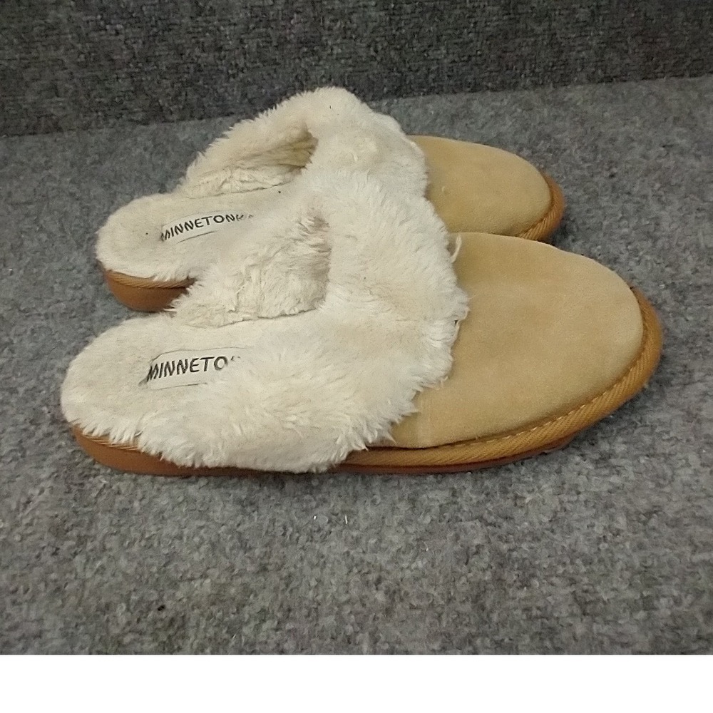 Minnetonka Suede Faux Fur Scuff Slippers Womens 7 Tan Cream Mules 40811